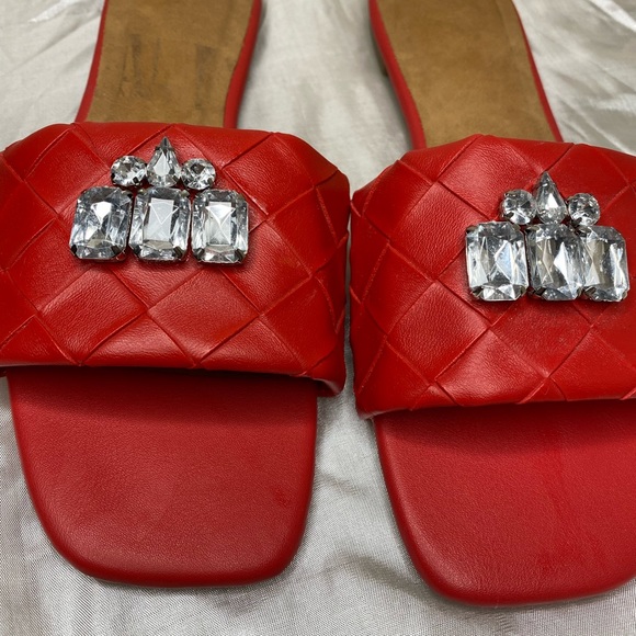 BAMBOO Red Quilted Jeweled Sandals/Slides - Picture 3 of 6